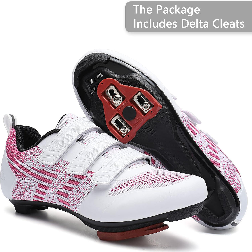 Unisex Road Bike Cycling Shoes Compatible With Peloton Shimano Spd Bike Riding Shoes For Men Women, 3 Straps, Pre-Installed Delta Cleats For Indoor Outdoor Cycling Biking