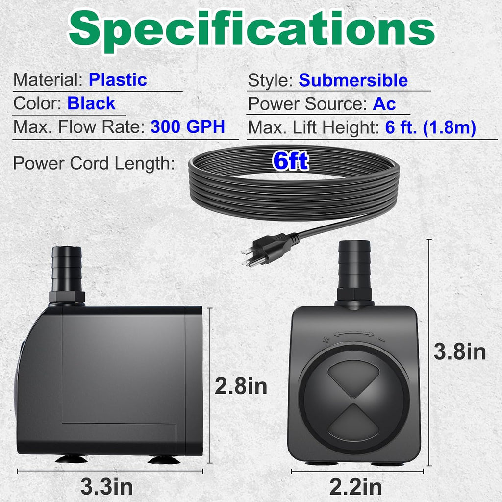 Submersible Pump 300Gph Ultra Quiet With Over Heating Protection 6Ft High Lift For Fountains, Hydroponics, Ponds, Aquariums & More…