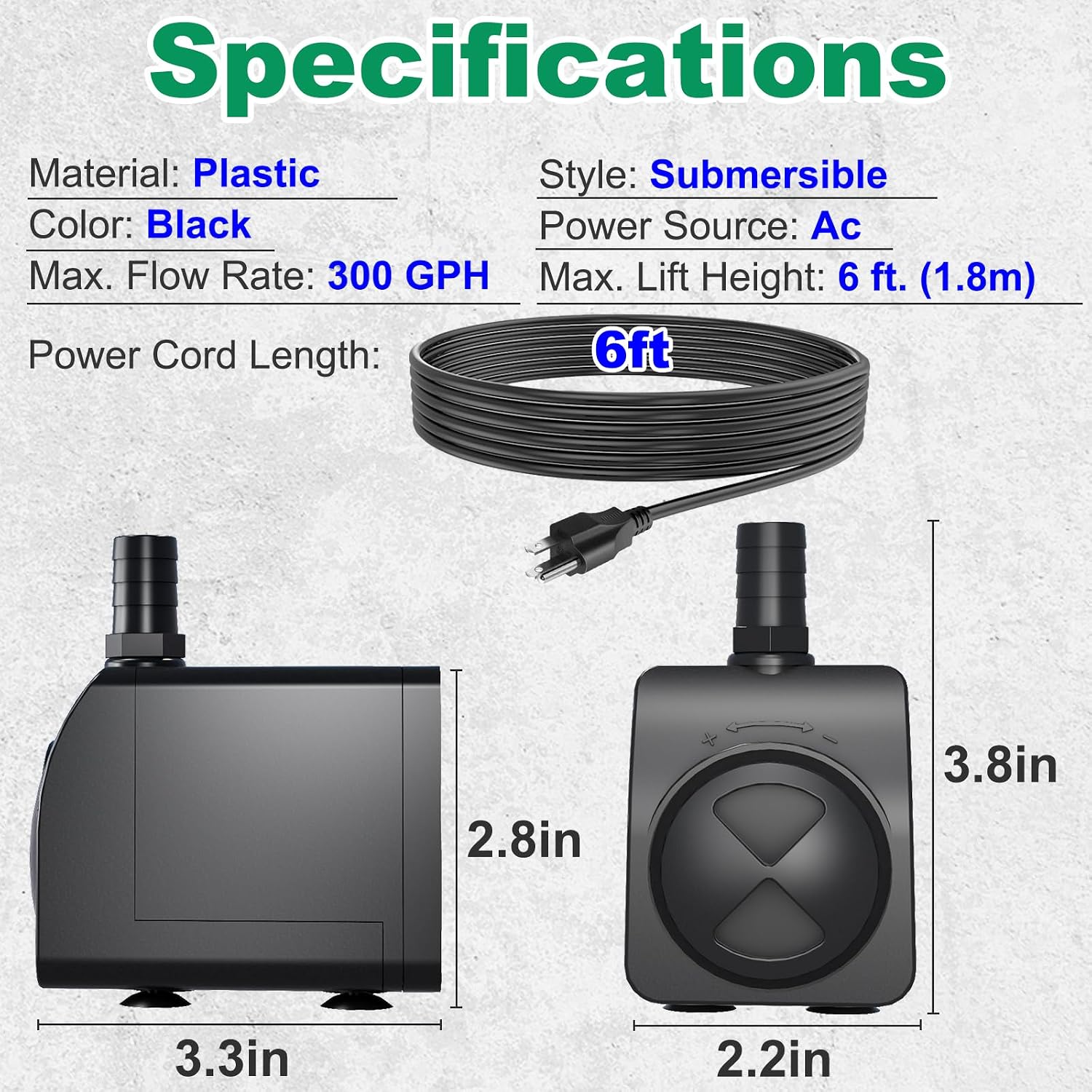 Submersible Pump 300Gph Ultra Quiet With Over Heating Protection 6Ft High Lift For Fountains, Hydroponics, Ponds, Aquariums & More…