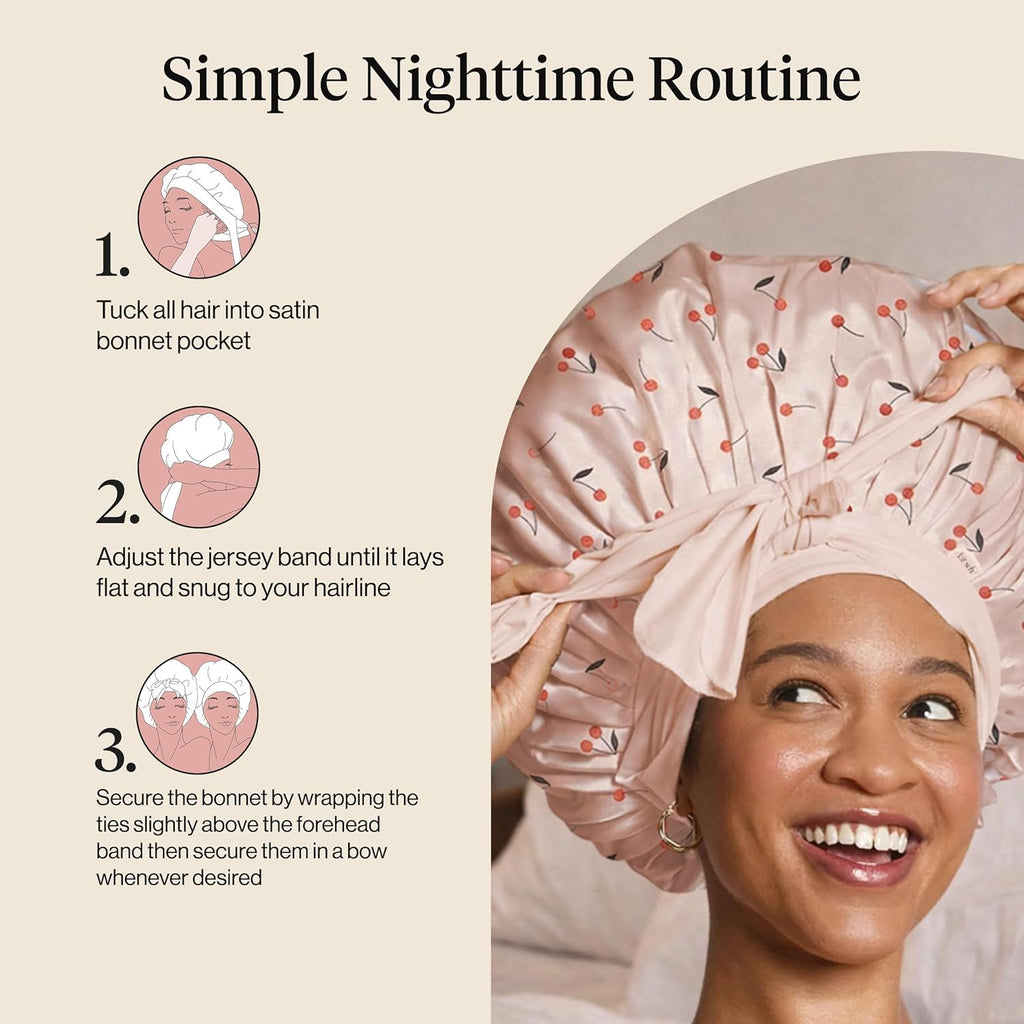 Kitsch XL Satin Bonnet for Sleeping - Softer Than Silk Bonnet For Sleeping Women - Secure Fit, Adjustable, Night Cap For Curly & Textured Hair - Prevents Breakage, Tangles & Thinning - Cherry Print