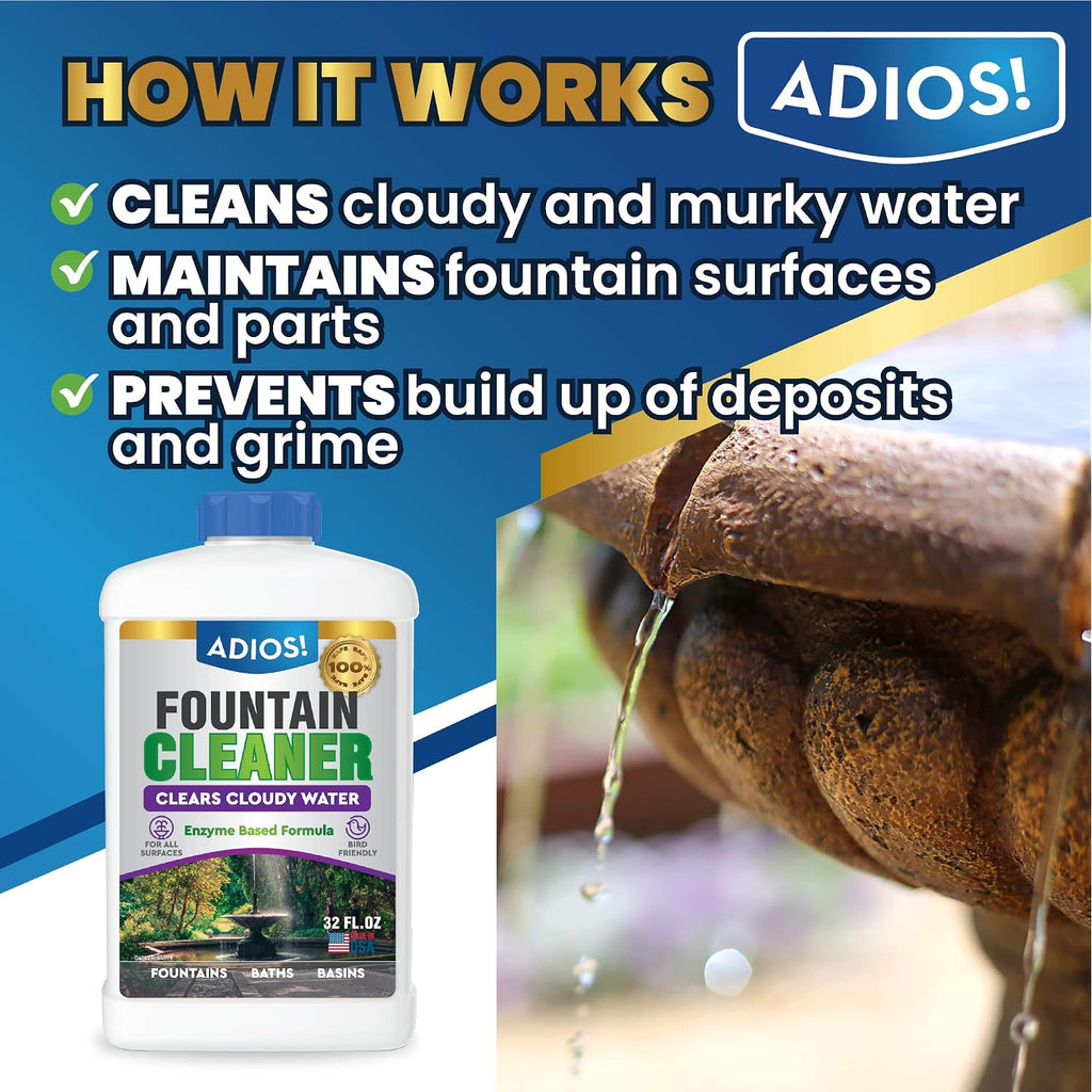 Adios! Fountain Cleaner And Clarifier, Outdoor And Indoor Treatment (16Oz) | Natural And Safe For Birds, Clears And Treats Water, Cleans Waterfalls And Water Features, Approved For Stone And Metal