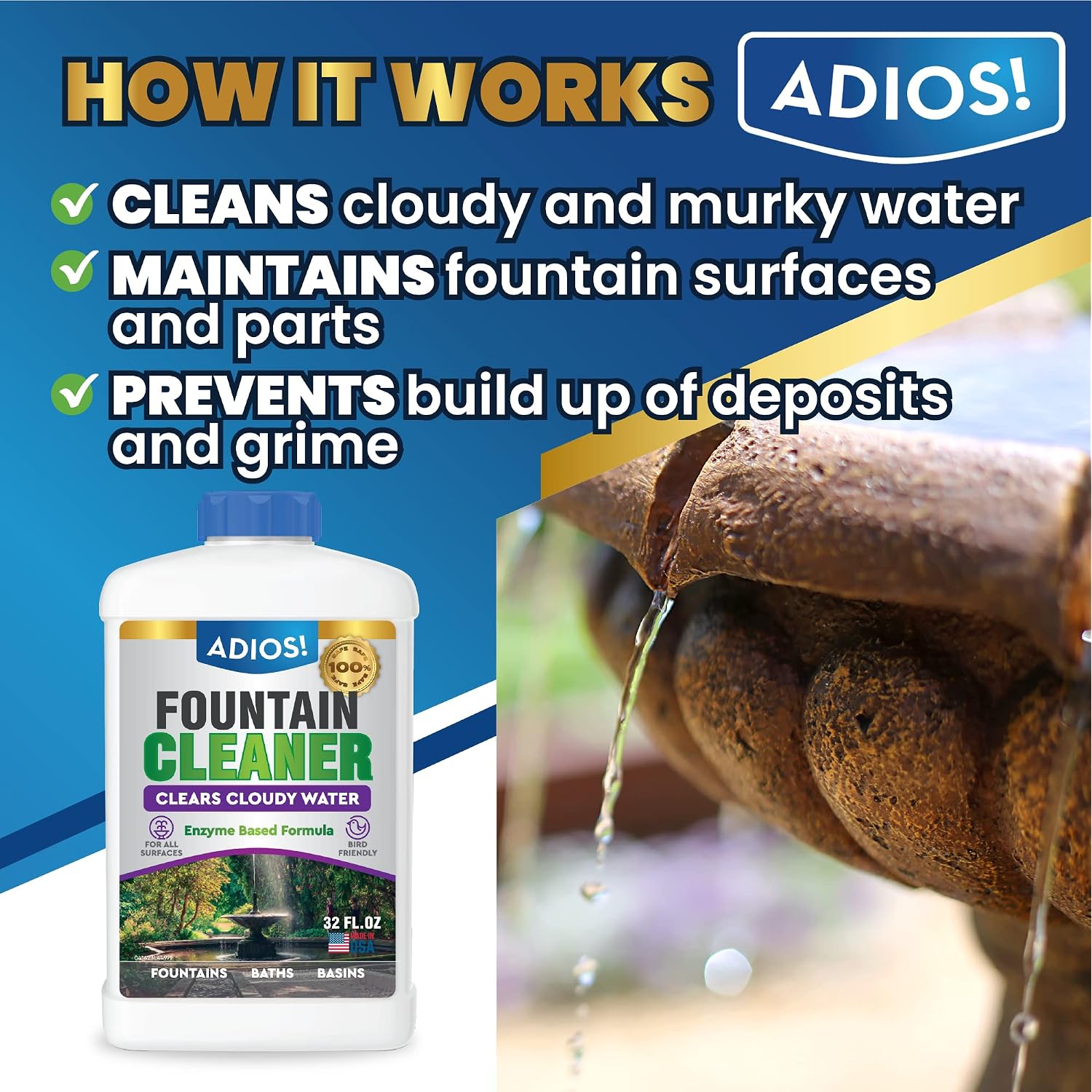 Adios! Fountain Cleaner And Clarifier, Outdoor And Indoor Treatment (16Oz) | Natural And Safe For Birds, Clears And Treats Water, Cleans Waterfalls And Water Features, Approved For Stone And Metal