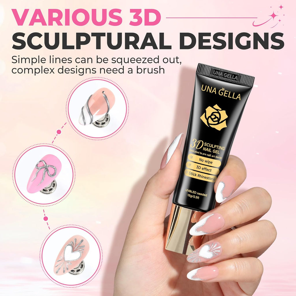 UNA GELLA Metallic Silver 3D Gel Nail Art 15g, No Wipe Sculpting Gel Polish for Nail Designs, Charms and Gems Decoration, Lamp Curing Required DIY Art Salon at Home