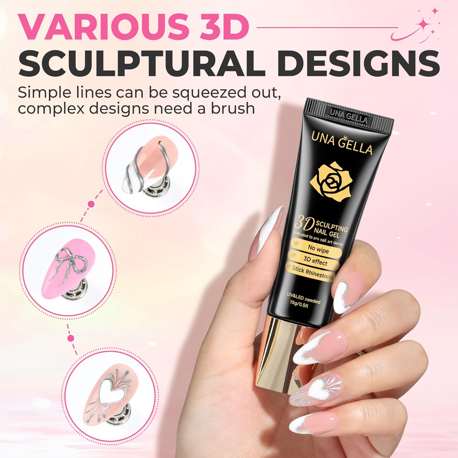 UNA GELLA Metallic Silver 3D Gel Nail Art 15g, No Wipe Sculpting Gel Polish for Nail Designs, Charms and Gems Decoration, Lamp Curing Required DIY Art Salon at Home