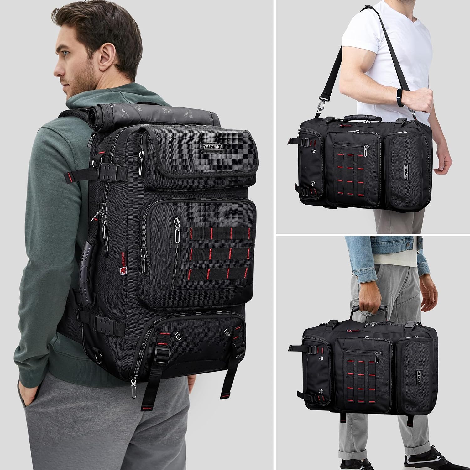 Witzman Carry On Travel Backpack For Men Airline Approved Fits 16" Laptop | Nylon 3 In 1 Luggage Duffle Bag With Usb Charging Port, Shoe Compartment, For Weekend Getaway, Overnight Trip, B682 Black)