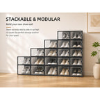 Kuject X-Large Shoe Storage Boxes Organizers Clear Plastic Stackable 12 Pack, Shoe Rack & Holder Substitute, Sneaker Containers, Toy Storage Organizer Bins For Entryway, Closet, Under Bed, Black