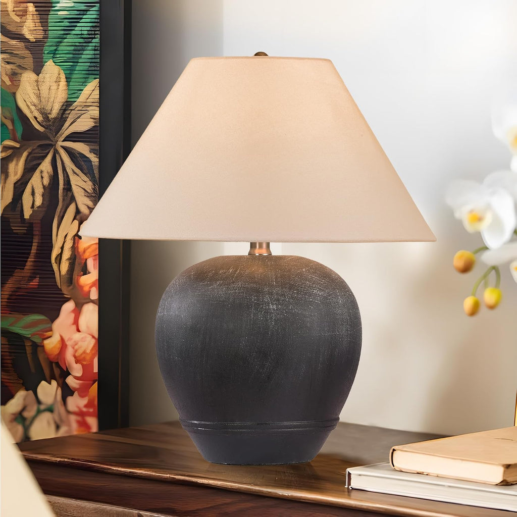 21'' Large Gray Base Ceramic Basin Table Lamp Set Of 2 For Bedroom, Living Room, Dining Room, Office, White Shade,White Smudged Black Base