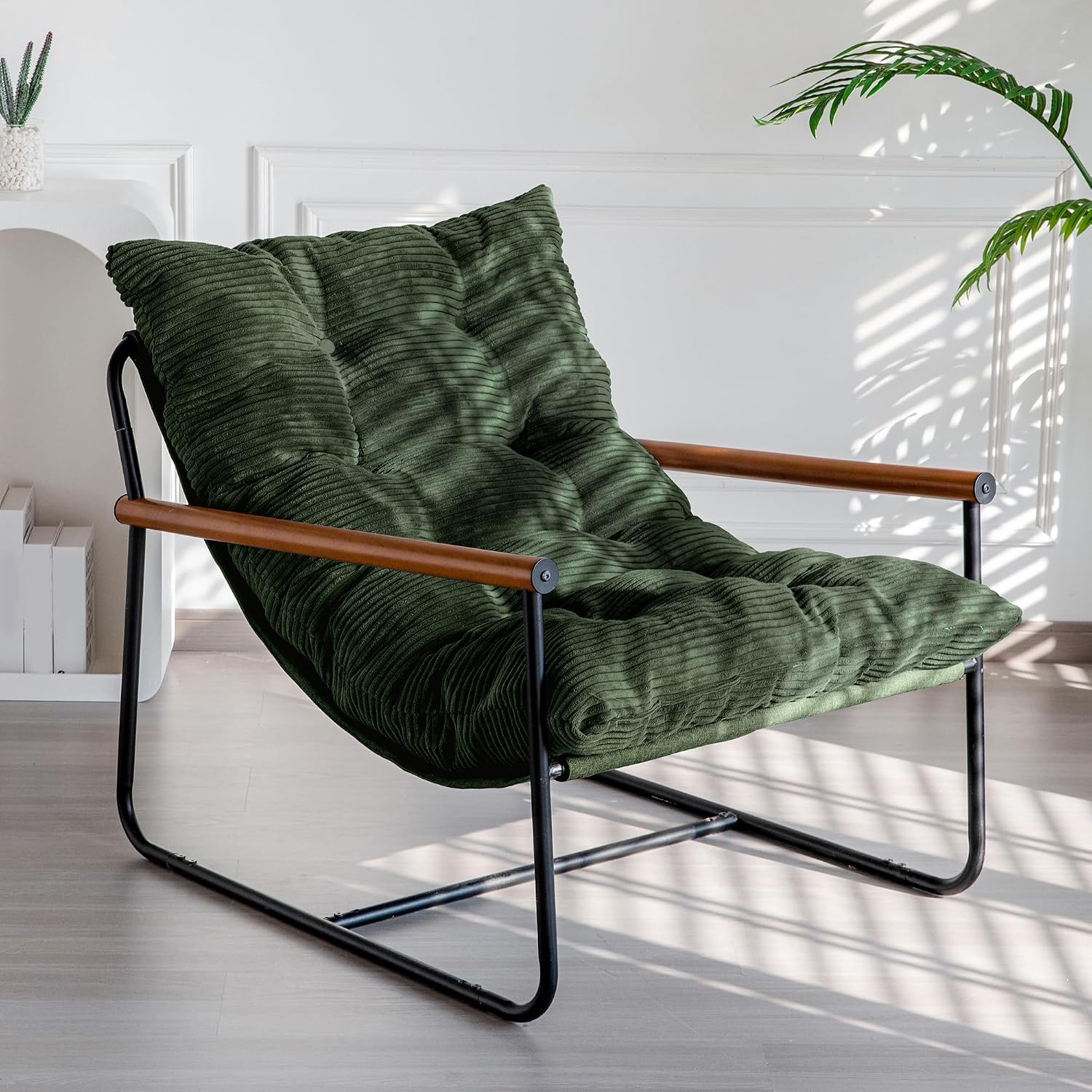 Maxyoyo Modern Accent Chair, Comfy Living Room Chair With Metal Frame Wooden Armrest, Upholstered Armchair With Soft Cushion For Bedroom Balcony Lounge Reading Room, Dark Green