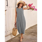 Lomon Summer Dresses For Women Cotton Casual Maxi Dress Beach Vacation Long Sundresses Plaid Striped With Pockets
