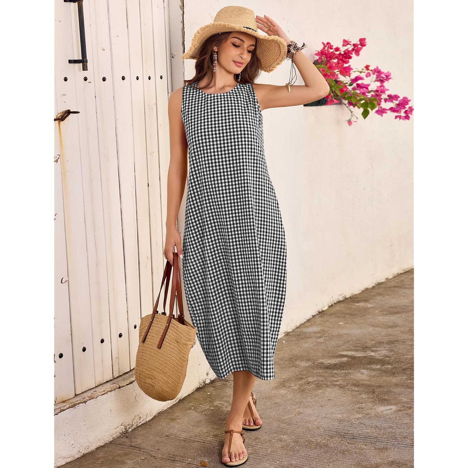 Lomon Summer Dresses For Women Cotton Casual Maxi Dress Beach Vacation Long Sundresses Plaid Striped With Pockets
