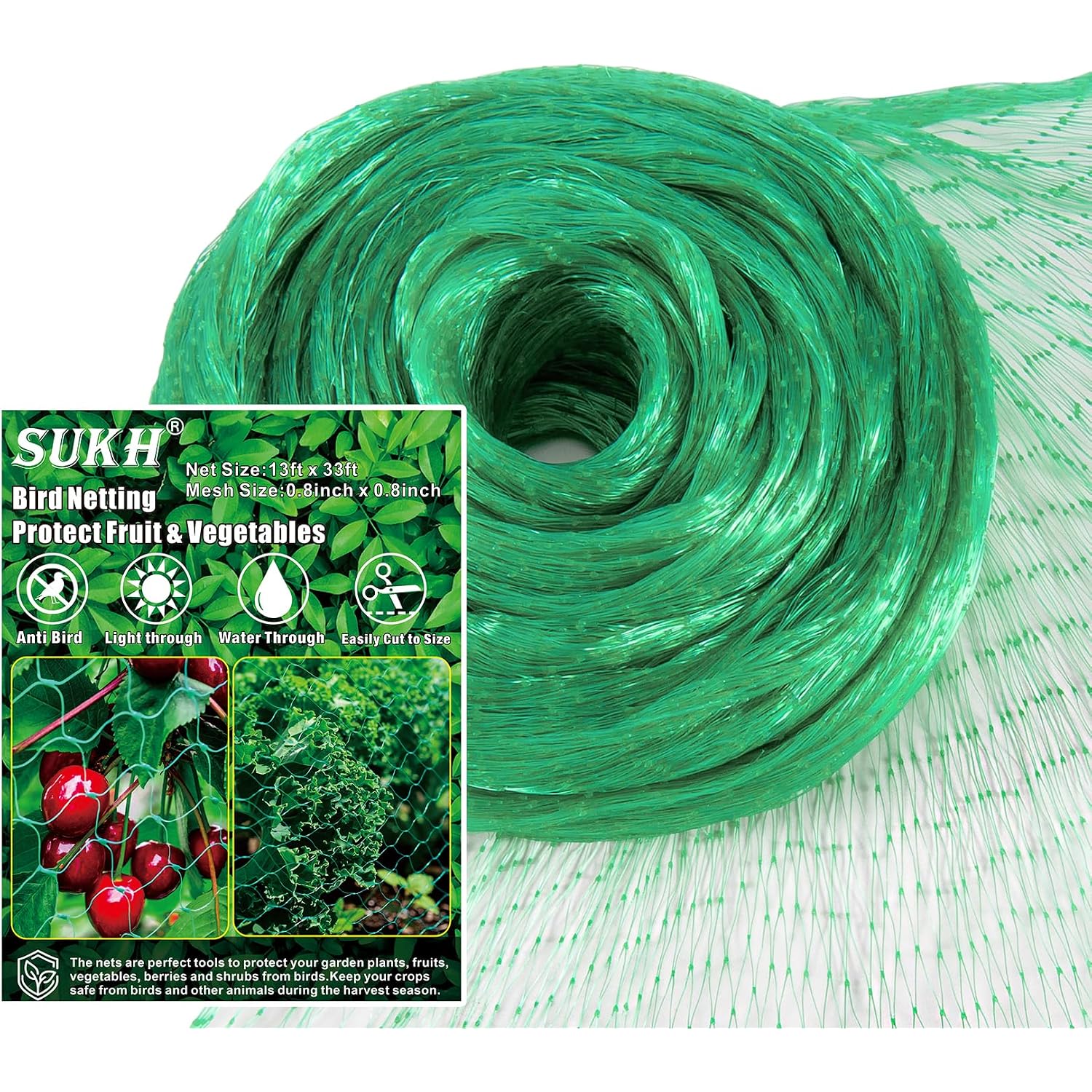 Bird Netting For Garden 13X33Ft - Sukh Garden Netting Mesh For Garden Protection Bird Fence Plant Netting Chicken Coop Deer Squirrels Poultry Protect Fruit Trees Vegetable