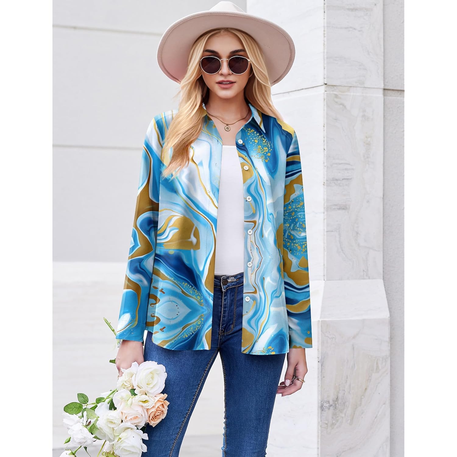 Button Down Shirt for Women Long Sleeve Blouses Floral Printed Tops Business Casual Work Outfits S-XXL