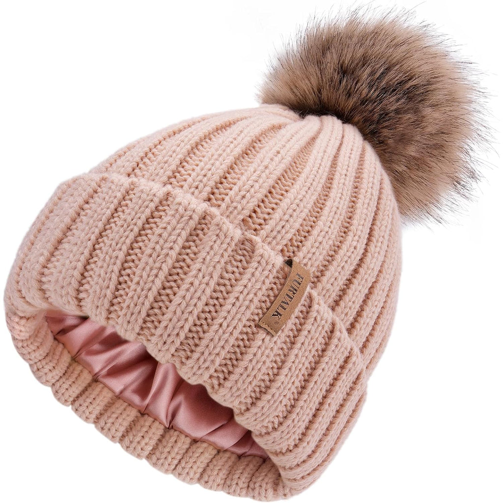 Furtalk Womens Winter Beanie Hat Satin Lined Faux Fur Pom Pom Beanies Hat For Women Winter Warm Knit Hats