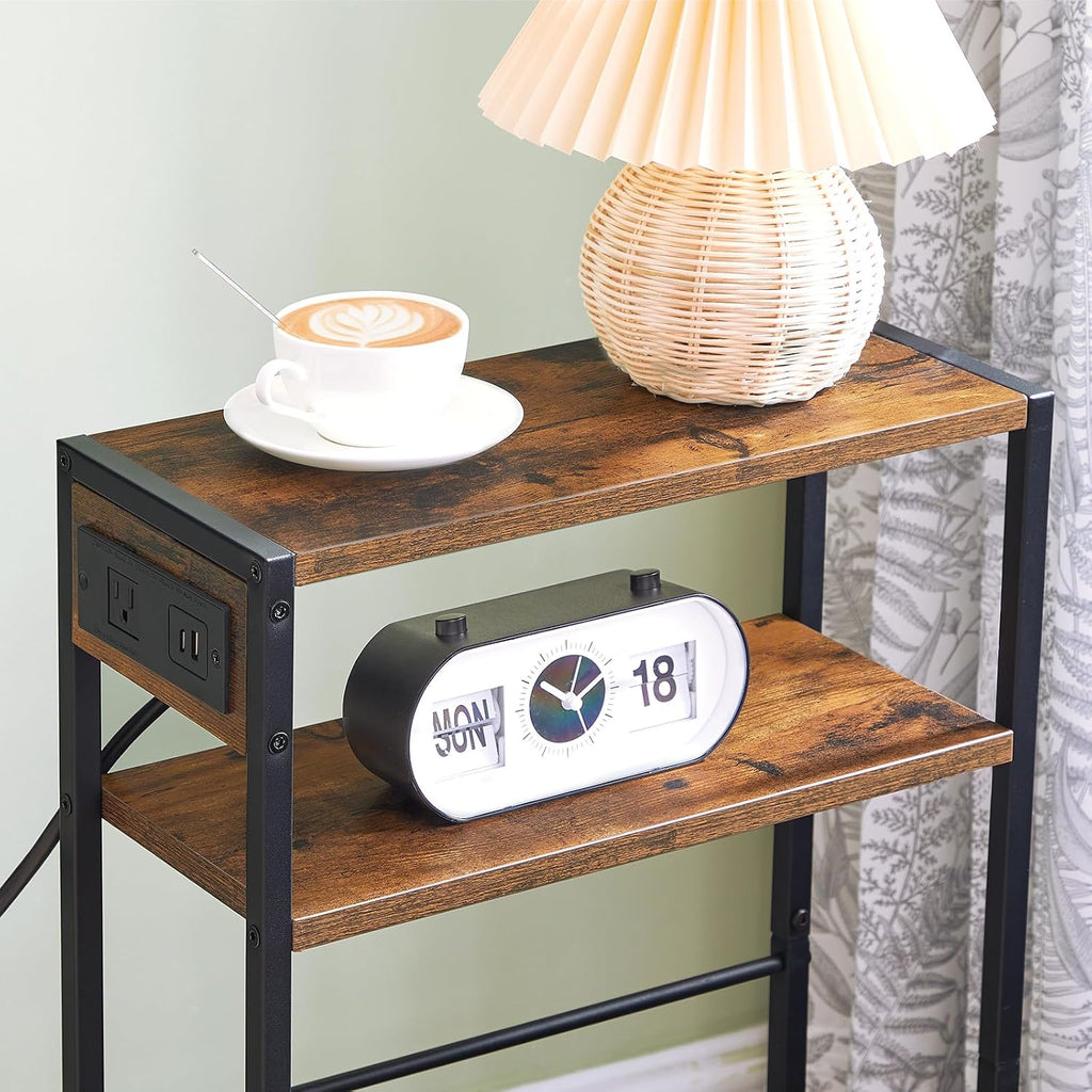 Hoobro Small Narrow Side Table With Charging Station, Skinny End Table For Small Spaces, Slim Nightstand With Usb Ports Outlet, Sofa Beside Table With Storage Shelf, Rustic Brown And Black Bf102Ubz01