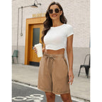 Womens Casual Loose Elastic Drawstring Summer Beach Bermuda Pocketed Shorts