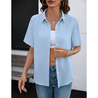 Womens Short Sleeve Button Down Shirts Casual V Neck Collared Blouses Work Tops