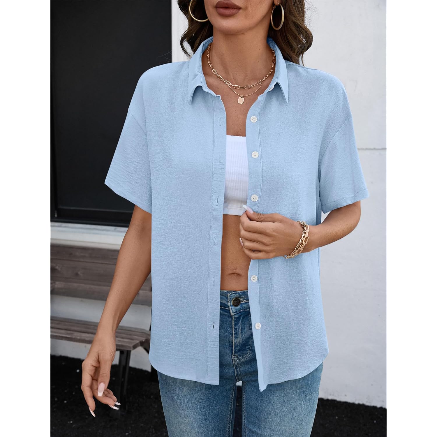 Womens Short Sleeve Button Down Shirts Casual V Neck Collared Blouses Work Tops