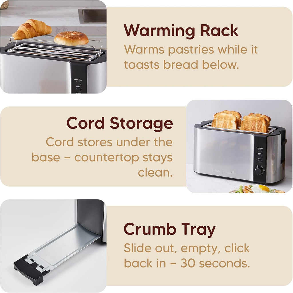 Elite Gourmet ECT-3100 4-Slice Long Slot Toaster | Extra Wide Slots for Bagels, Sourdough & Texas Toast | 6 Browning Settings | Reheat, Defrost & Cancel | Built-In Warming Rack | Stainless Steel