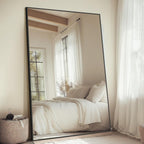 Large Mirror Full Length 72"X44", Oversized Floor Mirror With Stand, Black Free Standing Mirror Full Length For Gym Bedroom Living Room, Hanging Or Wall Mounted, Shatterproof Tempered Glass