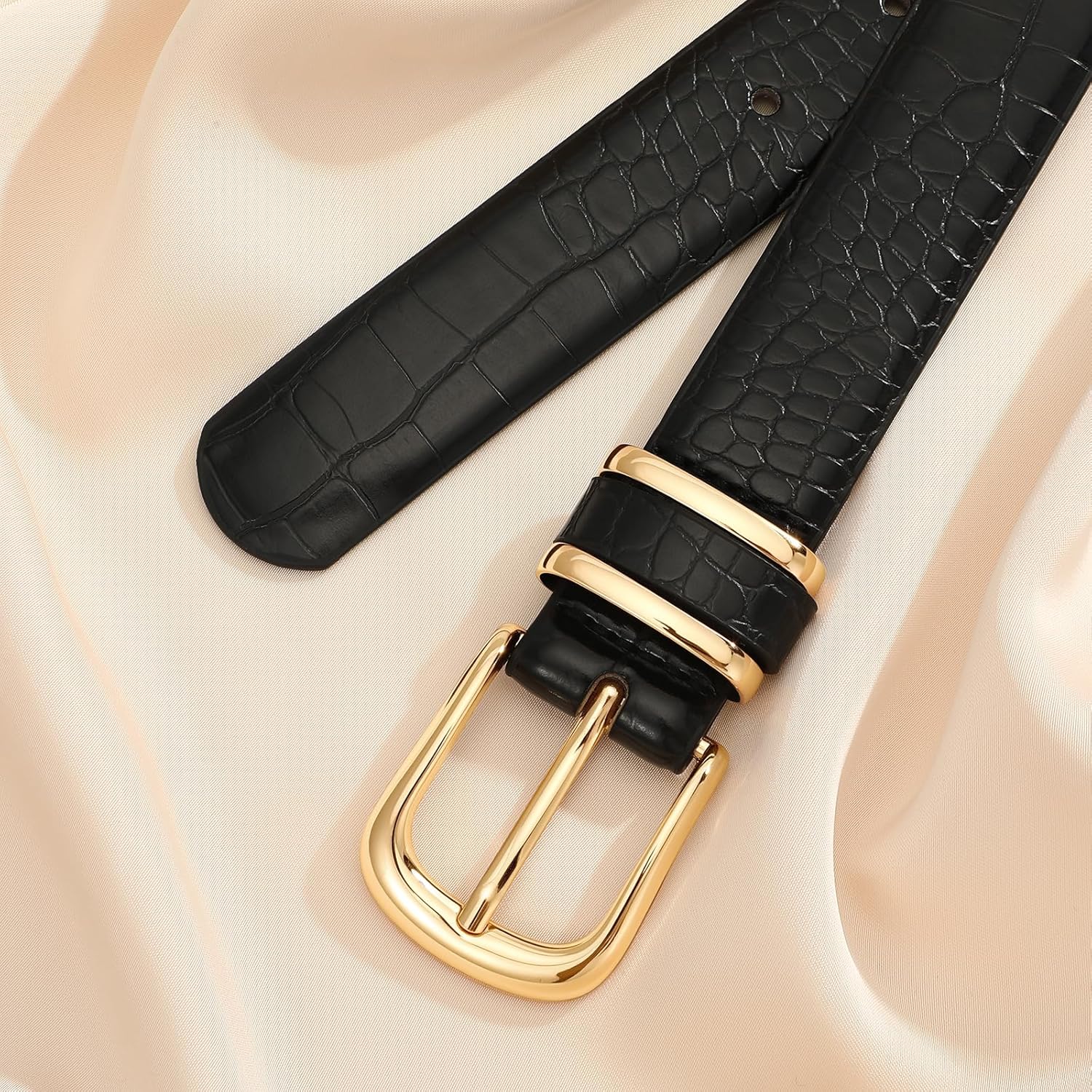 SANATHS Women Leather Belts for Jeans Pants Fashion Gold/Silver Buckle Ladies Dress Waist Belt Crocodile Grain