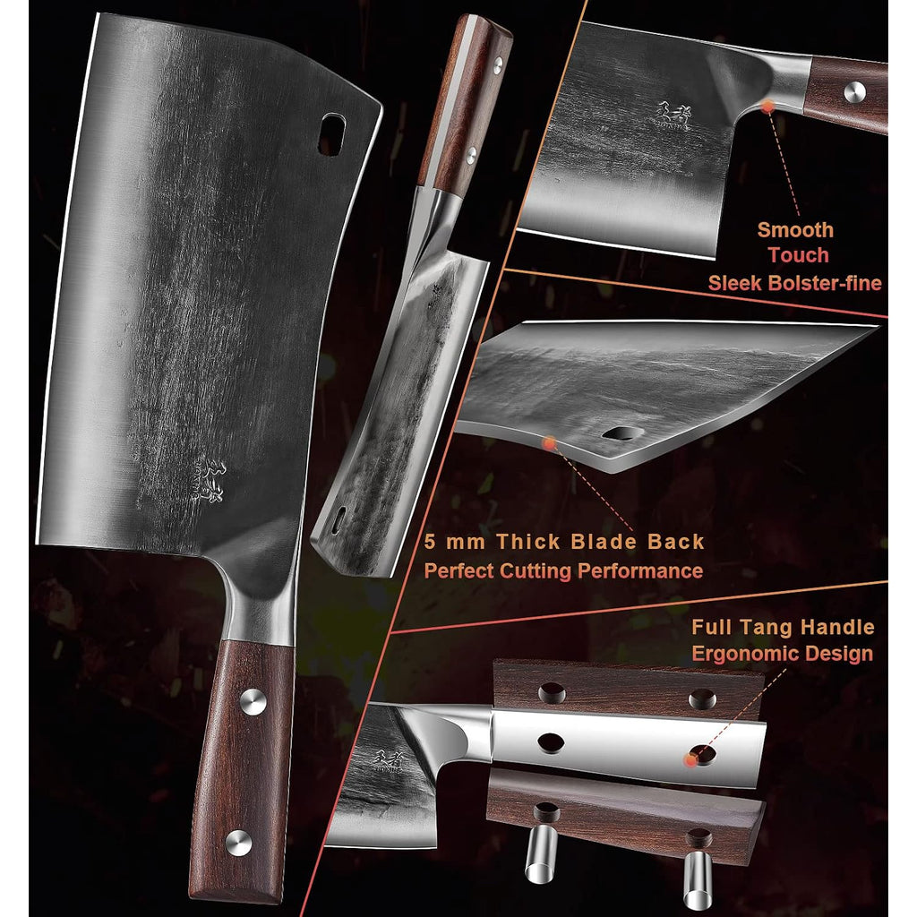 7.5″ Cleaver Knife, Chef’S Knives – Hand Forged, German High Carbon Stainless Steel Butcher Knife With Full Tang Handle For Home Kitchen & Restaurant