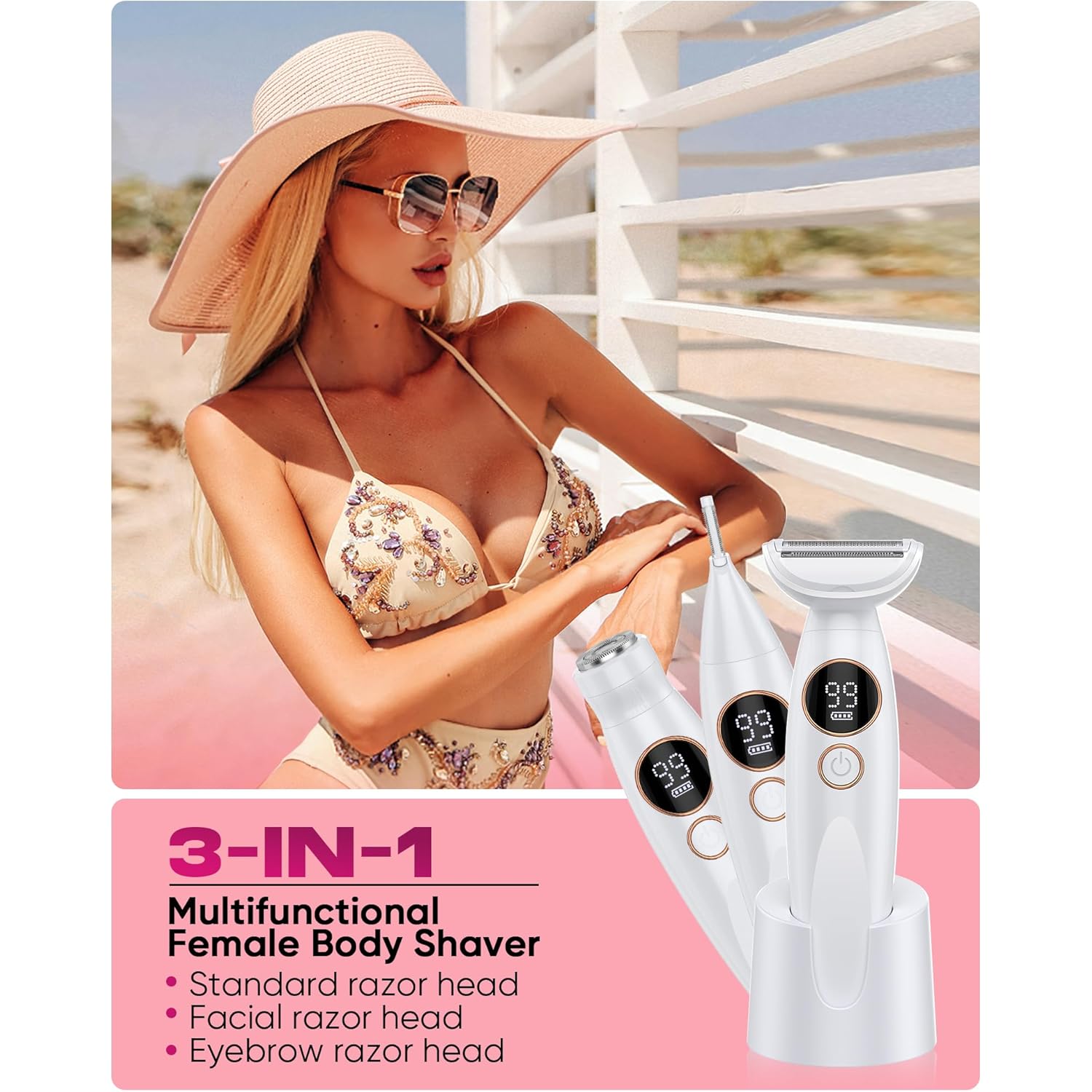 3 in 1 Bikini Trimmer for Women, Electric Razors for Women with Display, Painless Bikini Trimmer, USB Charging, Electric Shaver for Woman,Shaver for Woman for Face, IPX7 Waterproof,White