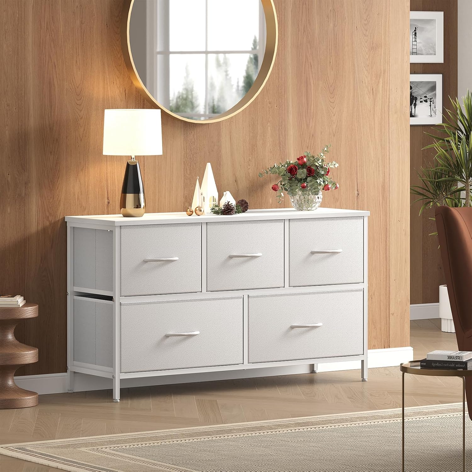 Olixis White Dresser For Bedroom, Wide Chest Of Drawers For Clothes Storage | Fabric Bedroom Dresser With 5 Drawers, Storage Organizer Unit With Fabric Bins, Wooden Top, Living Room