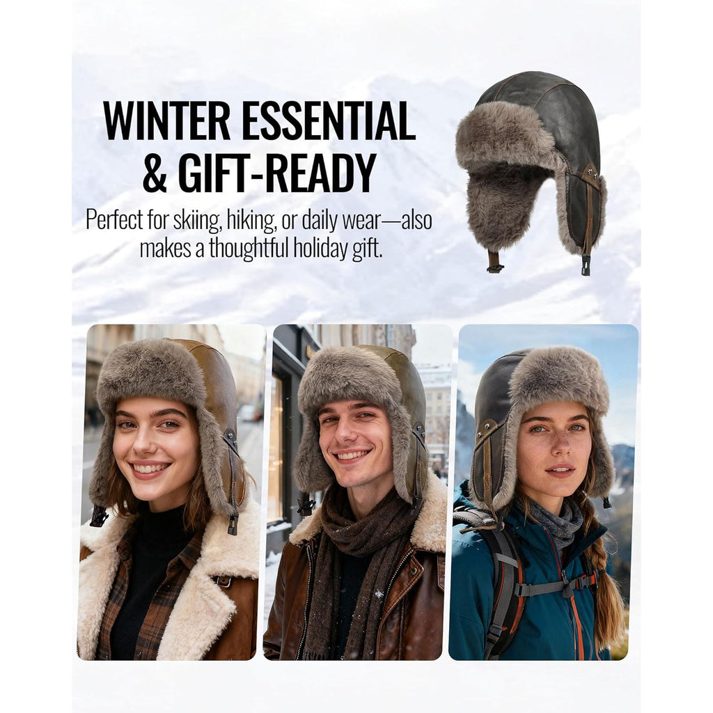 CLAPE Winter Trapper Hat with Ear Flaps, Waterproof PU Leather Aviator Hat with Faux Fur Lining for Men & Women