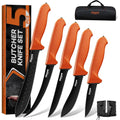 Huusk 5Pcs Butcher Knife Set - Professional Meat Processing Kit With Non-Slip Orange Handle, German Stainless Steel Granton Butcher, Skinning, Curved Boning, Caping Knife With Roll Bag Gift For Men