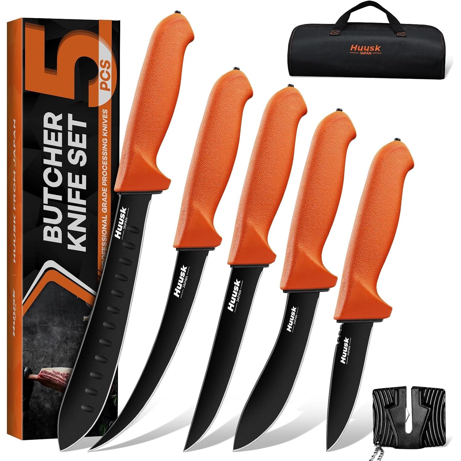 Huusk 5Pcs Butcher Knife Set - Professional Meat Processing Kit With Non-Slip Orange Handle, German Stainless Steel Granton Butcher, Skinning, Curved Boning, Caping Knife With Roll Bag Gift For Men