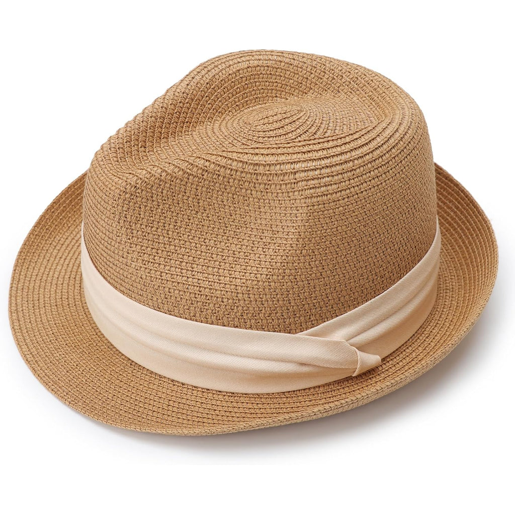 Dreshow Women Straw Sun Hat Short Brim Panama Travel Fedora Summer Hat Roll Up Beach Cap For Women Upf 50+