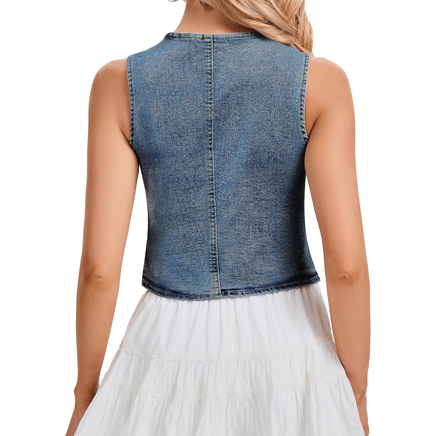 Denim Vest Sleeveless Jean Vest Top For Women V Neck Button Down Cropped Denim Top With Pockets