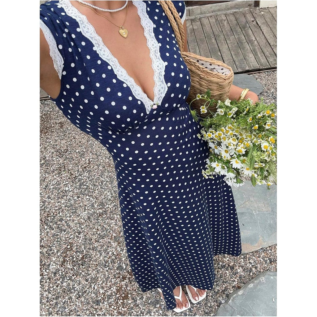 Milumia Women'S Polka Dots Lace Trim Deep V Neck Dress Short Sleeve Flared Long Dresses