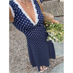 Milumia Women'S Polka Dots Lace Trim Deep V Neck Dress Short Sleeve Flared Long Dresses