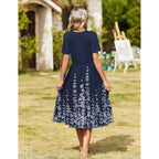Womens Summer Casual Dresses Short Sleeve Midi Warp V-Neck Floral Dress with Pockets Tiered Flowy A Line Sundress