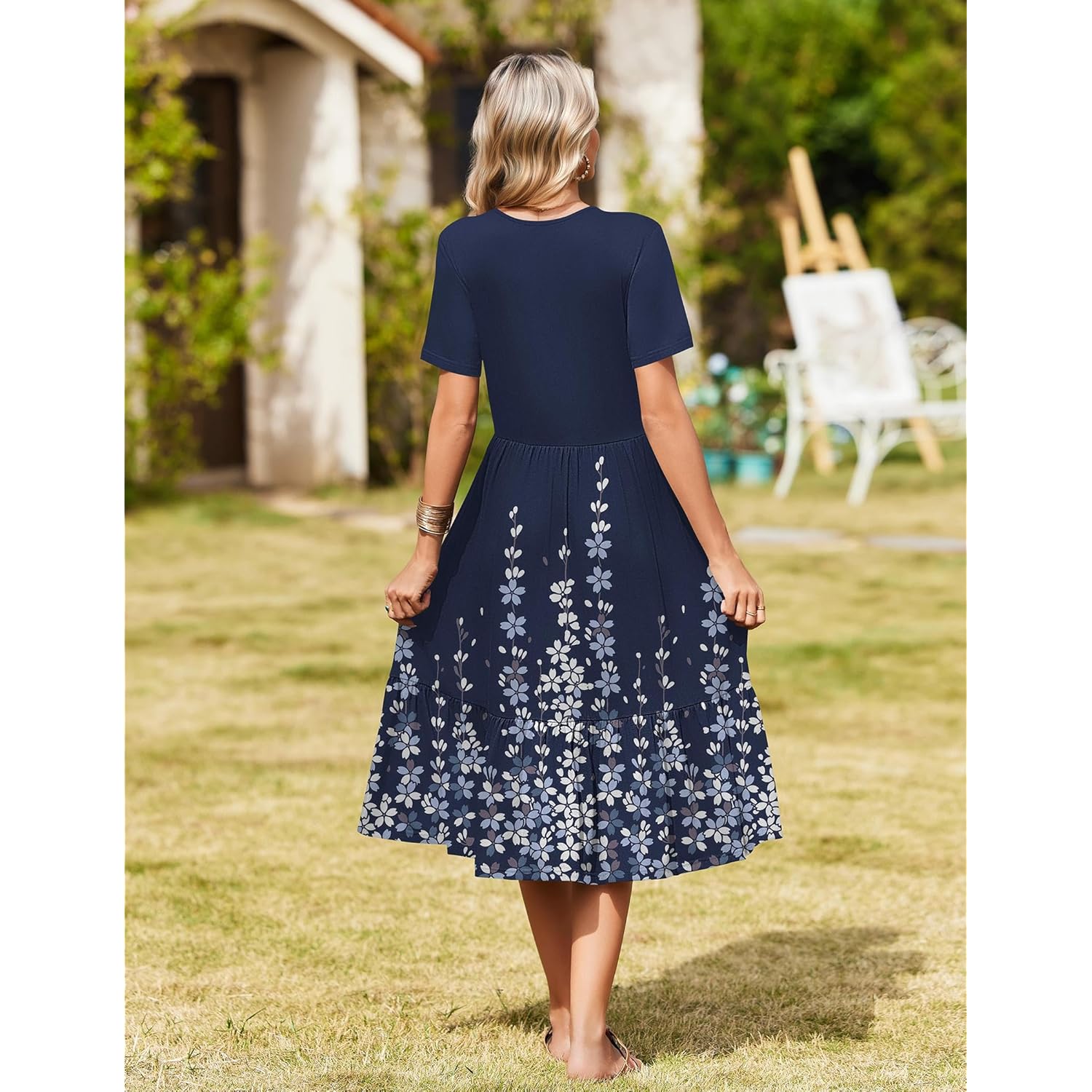 Womens Summer Casual Dresses Short Sleeve Midi Warp V-Neck Floral Dress with Pockets Tiered Flowy A Line Sundress