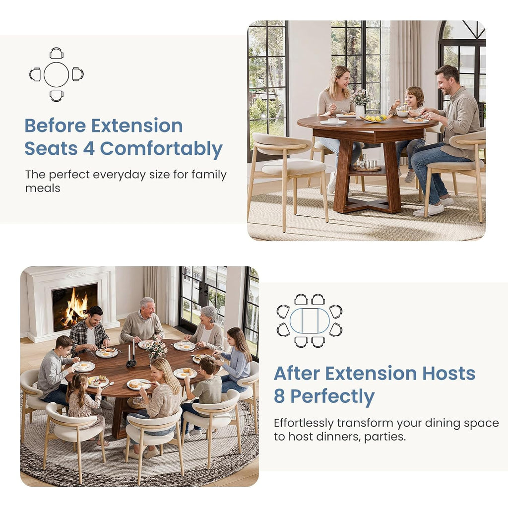Dumos Extendable Round Dining Table For 4-8, Kitchen Table Storage Shelf | Extendable Oval Wood Pedestal Base, Space Saving Modern Style For 4-8, Brown