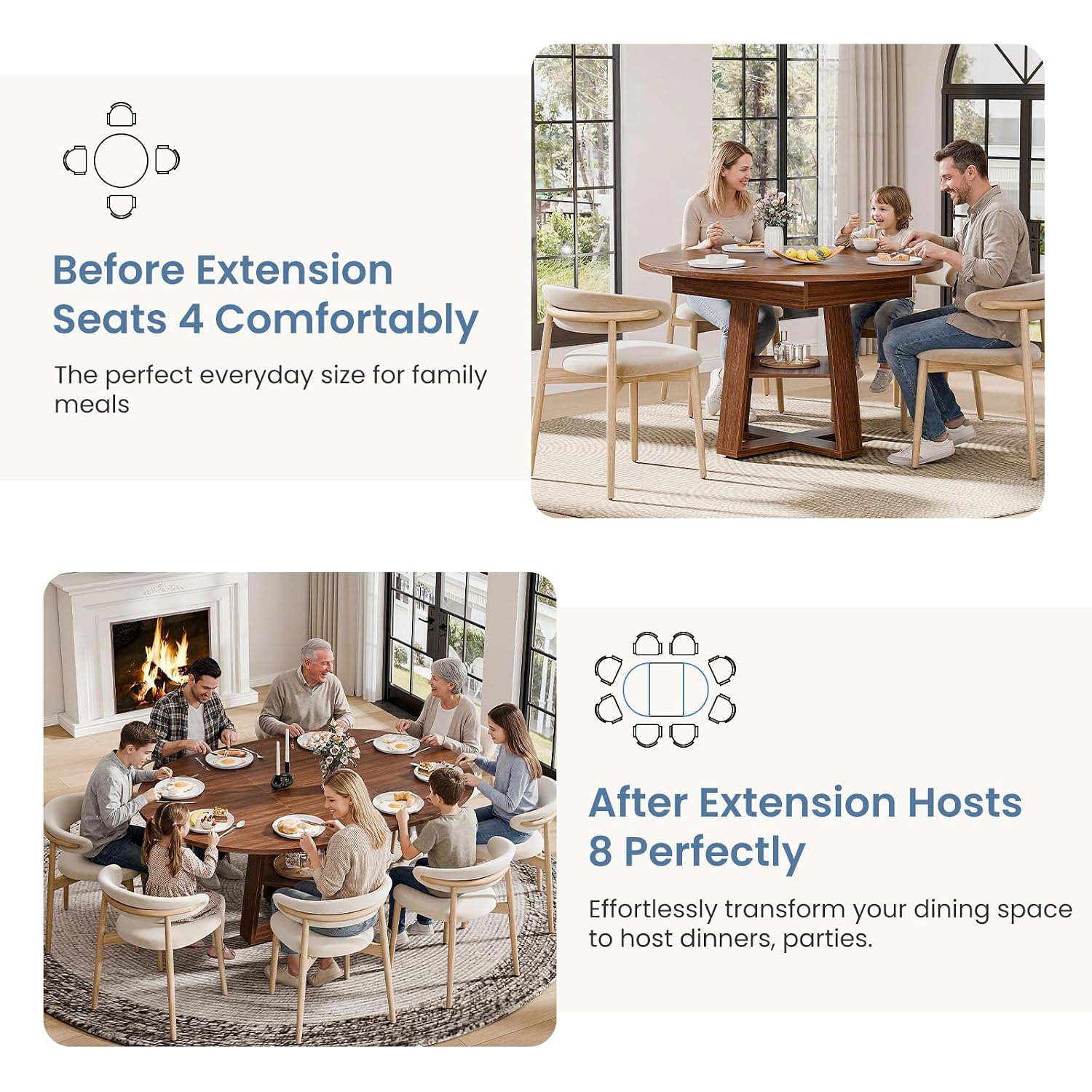 Dumos Extendable Round Dining Table For 4-8, Kitchen Table Storage Shelf | Extendable Oval Wood Pedestal Base, Space Saving Modern Style For 4-8, Brown