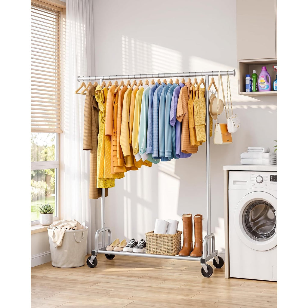 Clothes Rack - Large-Capacity Clothing Racks For Hanging Clothes With Lockable Wheels, Space-Saving Metal Coat Rack For Bedroom, Laundry Room, Entryway, 45.6" X 16.9" X 59", Silver