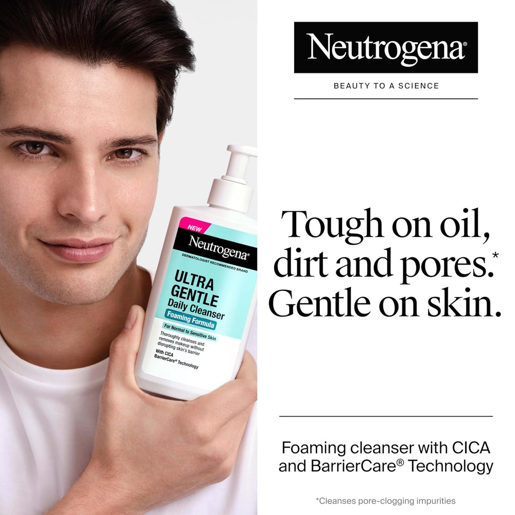 Neutrogena Ultra Gentle Foaming Facial Cleanser, Fragrance Free Hydrating Face Wash For Sensitive Skin, Daily Non Over Drying Makeup Remover, Hypoallergenic, Soap & Dye Free, Non-Comedogenic, 16 Fl Oz