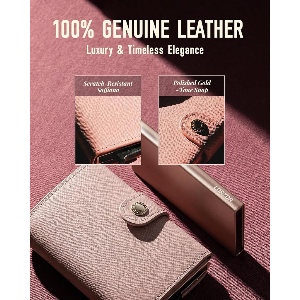 Women Wallet RFID Blocking Wallet for Women, Slim Small Size, Full Grain Leather, Pop up Credit Card Holder, Trifold, Minimalist, Pink Saffiano 9-11 Cards Capacity ID Window Cash Pocket,Gift for Her