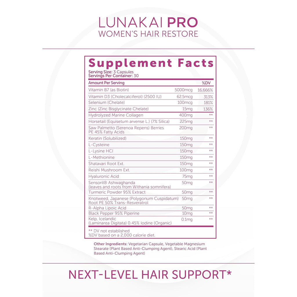 Lunakai USA Made Hair Growth Supplement for Women - Advanced 20 Nutrient with Marine Collagen, Saw Palmetto, Biotin & Keratin - Daily Hair Vitamins for Thicker Strands - 90 Capsules
