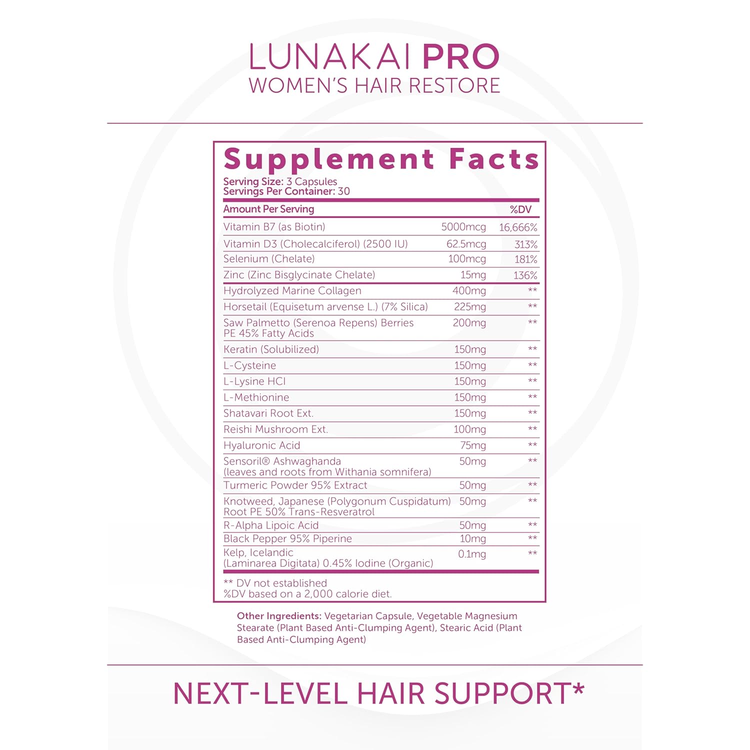 Lunakai USA Made Hair Growth Supplement for Women - Advanced 20 Nutrient with Marine Collagen, Saw Palmetto, Biotin & Keratin - Daily Hair Vitamins for Thicker Strands - 90 Capsules