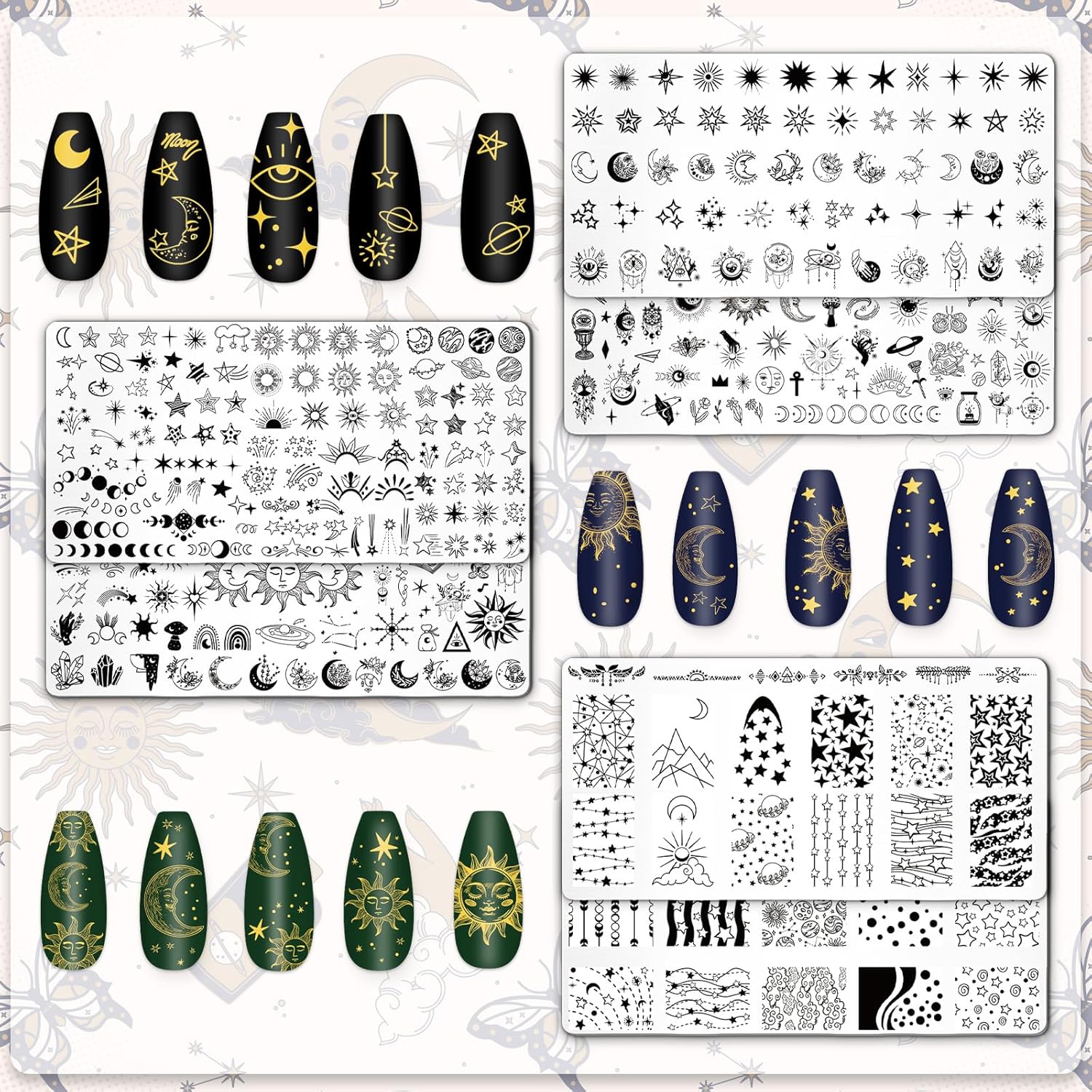 Whaline 6 Pcs Sun Moon Star Nail Plates Stamping Set Groovy Stamp Templates Nail Art Plates for DIY Print Manicure Salon Design Gift Supplies