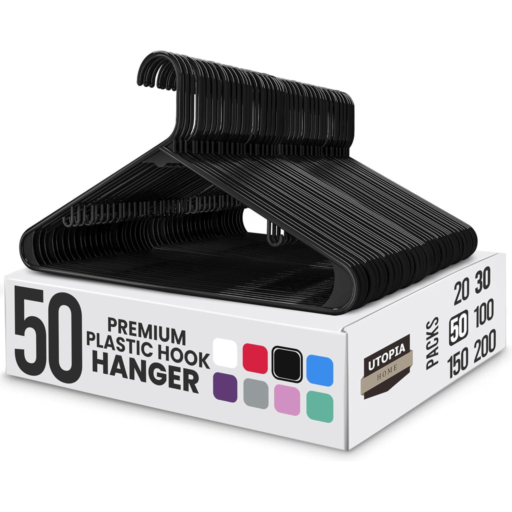 Utopia Home Plastic Hangers 50 Pack – Built-In Strap Hooks Black | Space Saving | Durable & Strong | Closet Organizer | Clothes Hangers | Ideal For Shirts, Pants, Skirts & Coats