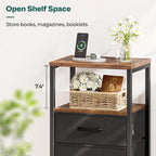 Huuger Nightstand With Charging Station, Side Table With Fabric Drawers, End Table With Open Shelf, Bedside Table With Usb Ports And Outlets, Night Stand For Bedroom, Rustic Brown And Black