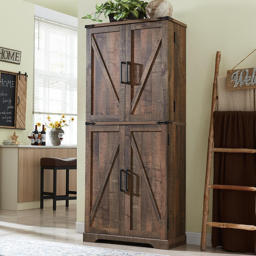 72" Tall Wooden Pantry Storage Cabinet With Door Shelves & Drawer | Farmhouse, Barn Doors, Adjustable Shelves, Freestanding, Anti-Tip Kit, For Kitchen, Dining Room, Living Room
