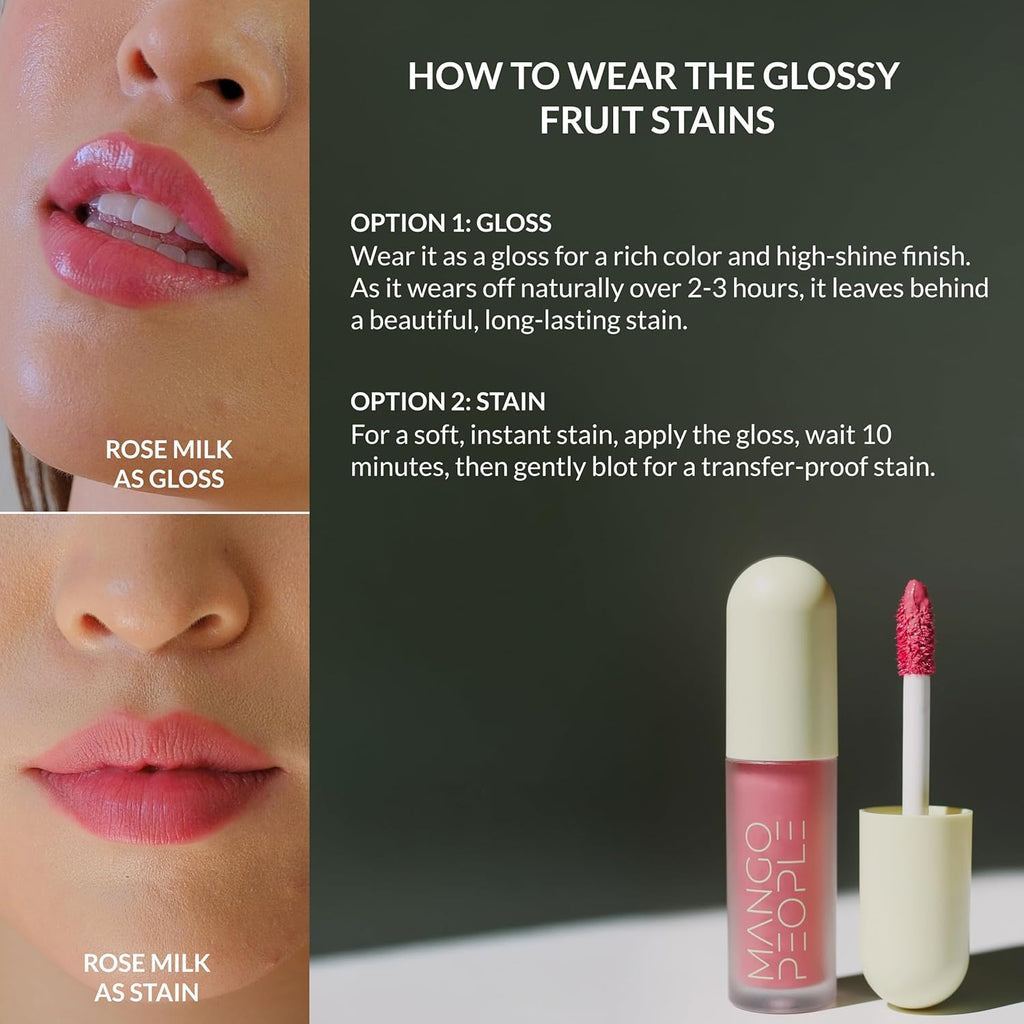 Mango People Hydrating Glossy Fruit Lip Stain, 2-in-1 Gloss to Long Lasting Stain, Tint & Oil Stain, Lightweight Lip Makeup with High-Shine Finish for Soft, Smooth and Nourished Lips, Rose Milk