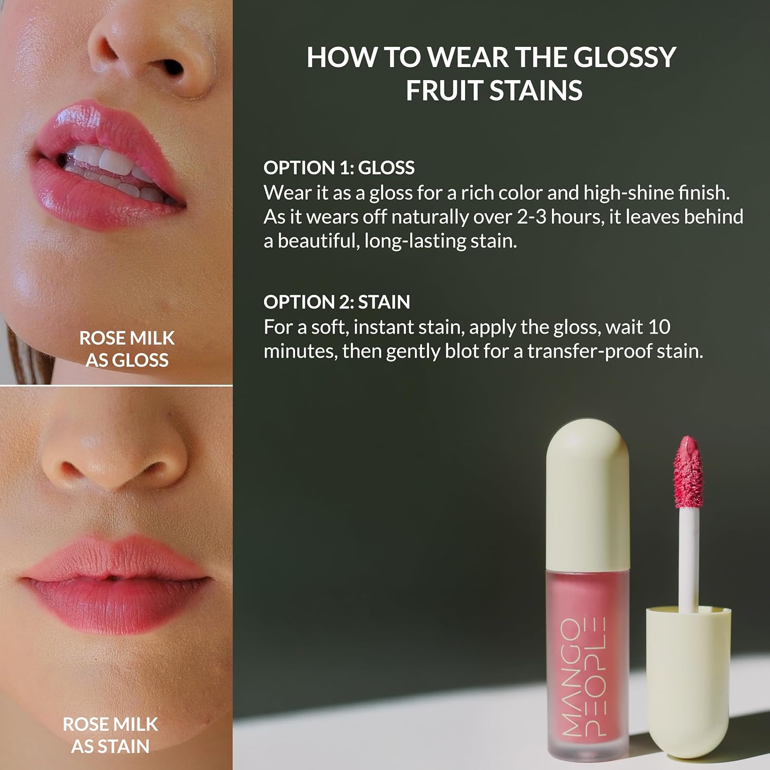 Mango People Hydrating Glossy Fruit Lip Stain, 2-in-1 Gloss to Long Lasting Stain, Tint & Oil Stain, Lightweight Lip Makeup with High-Shine Finish for Soft, Smooth and Nourished Lips, Rose Milk