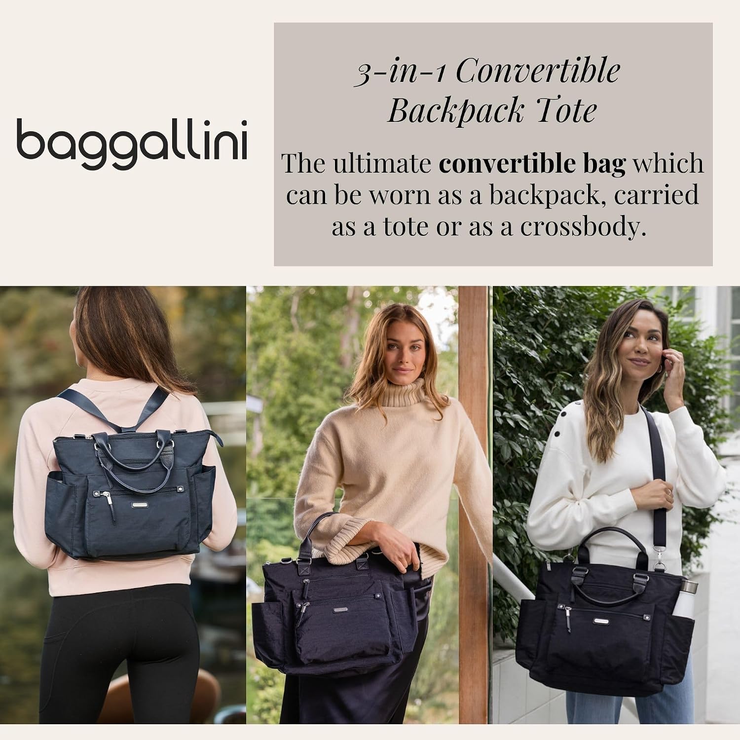 3-In-1 Convertible Backpack Tote Handbag - 15X12" Lightweight Travel Bag W/ Rfid Phone Wristlet